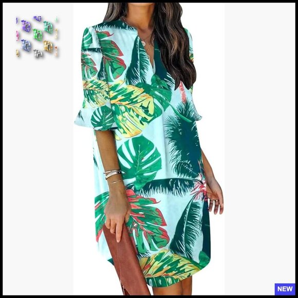 Dresses & Skirts - V-Neck Ruffle Shift Dress Casual Chic Summer Polyester Floral Print